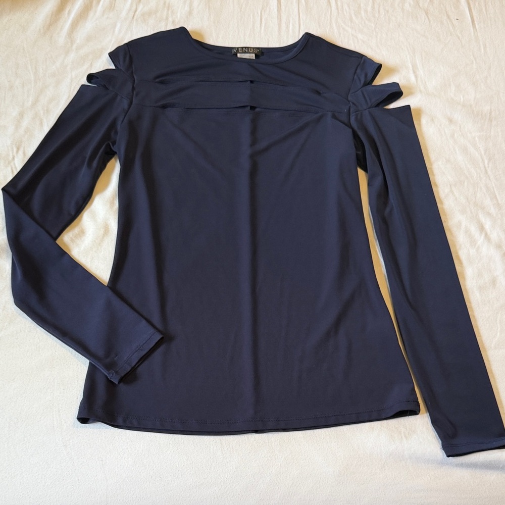 VENUS Navy Cutout Shoulder Long Sleeve Top